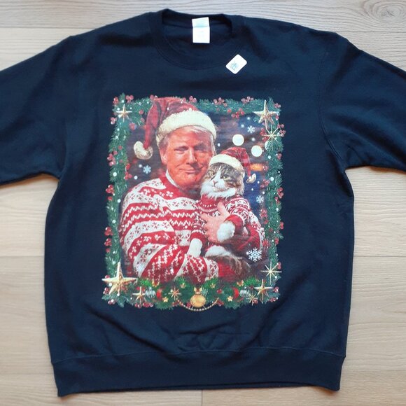Trump with Cat in Christmas Sweaters - New Large Black Sweatshirt - Picture 1 of 5